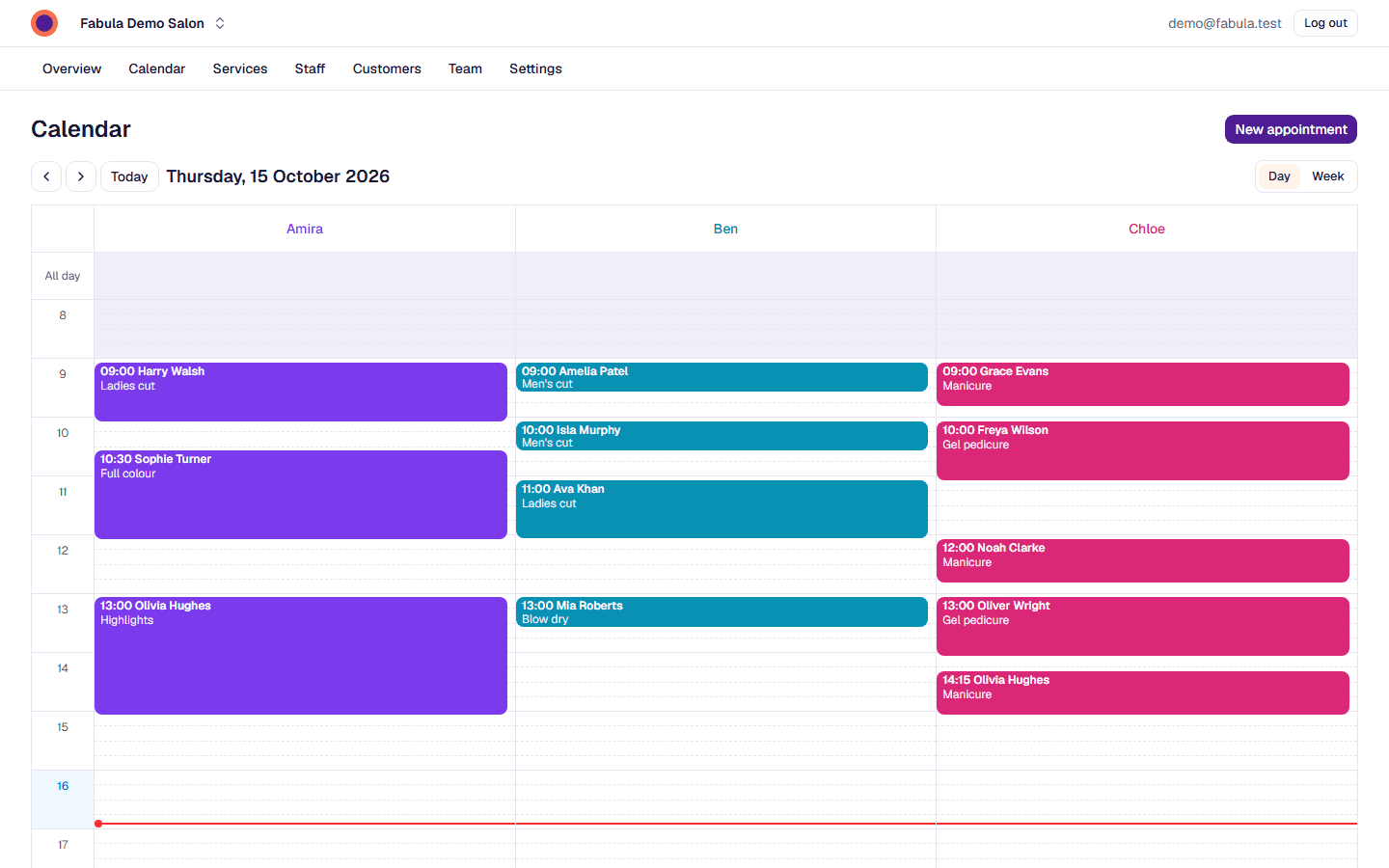 The Fabula calendar: a day of appointments in a column for each stylist